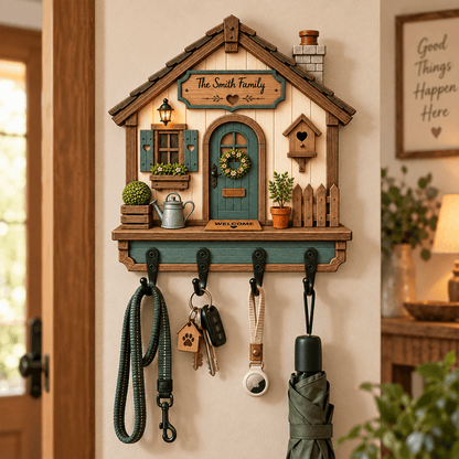 Personalized Family Cottage Wooden Key Holder, Custom Name Welcome Home Wall Decor, Housewarming Gift for Couples