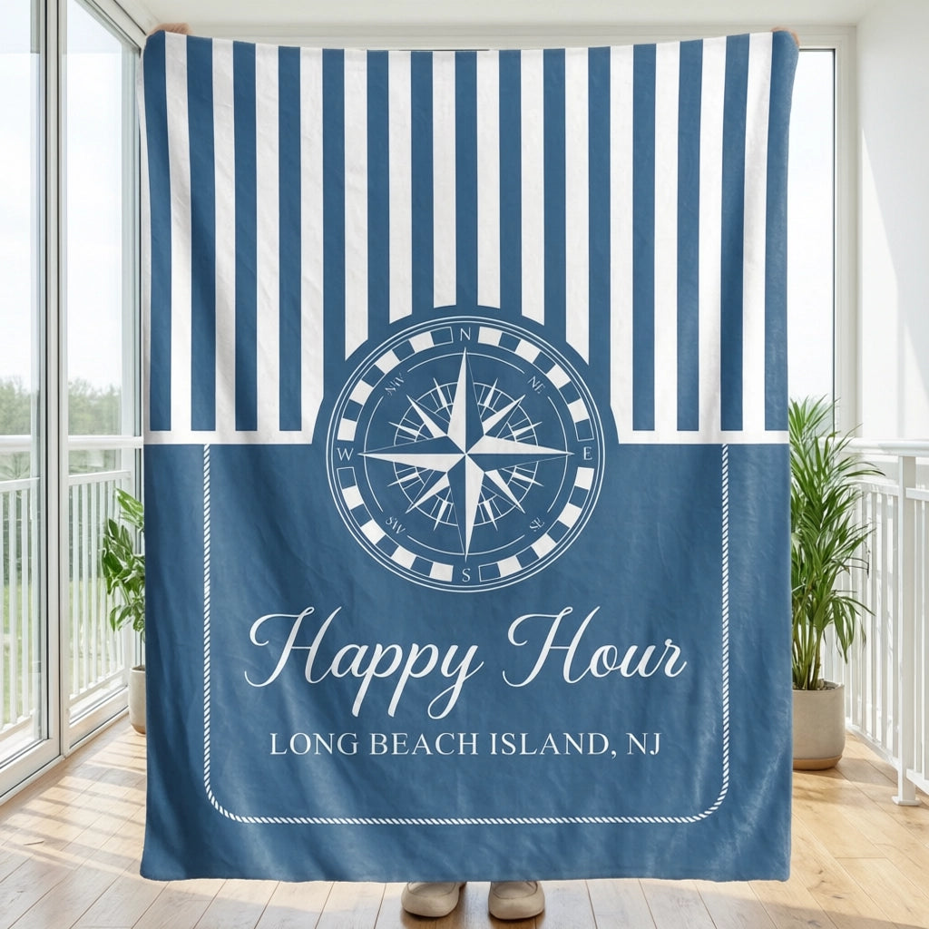 Personalized Nautical Fleece Blanket, Navy Compass Stripes, Unique Gift for Boaters & Coastal Home Decor
