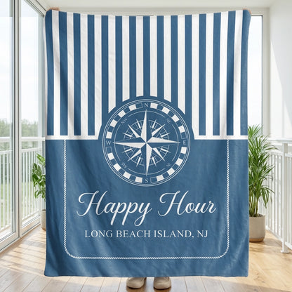 Personalized Nautical Fleece Blanket, Navy Compass Stripes, Unique Gift for Boaters & Coastal Home Decor