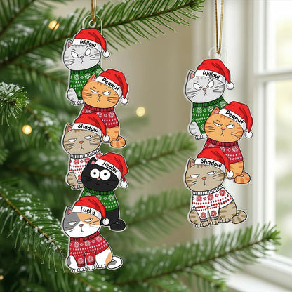 Personalized Acrylic Ornament with Stacked Christmas Cats, Cute Festive Decor & Unique Gift for Cat Lovers