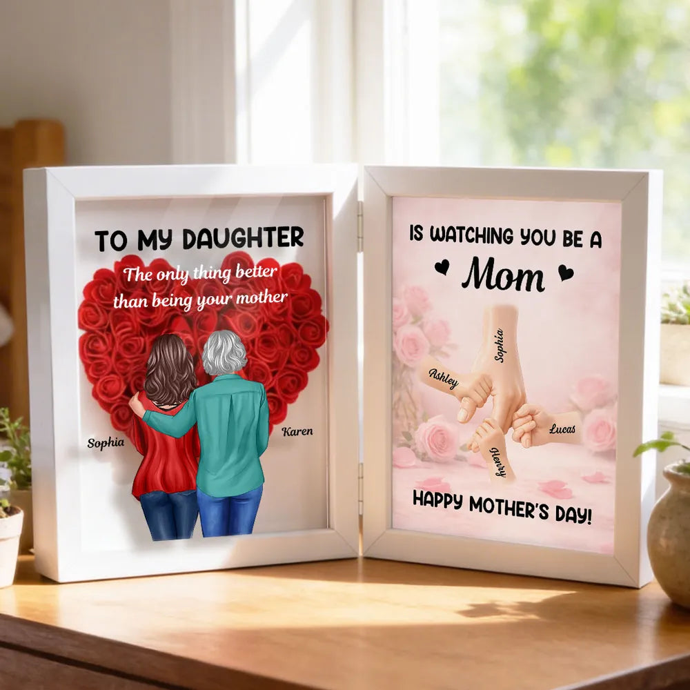 Personalized Foldable Floral Shadow Box, Mom and Daughter Hugging Art, Mother's Day Heartfelt Keepsake, Unique Gift for Mom