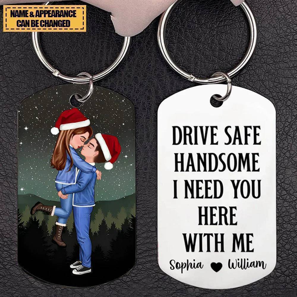 Drive Safe keychain with couple kissing under stars personalized engraving on stainless steel2