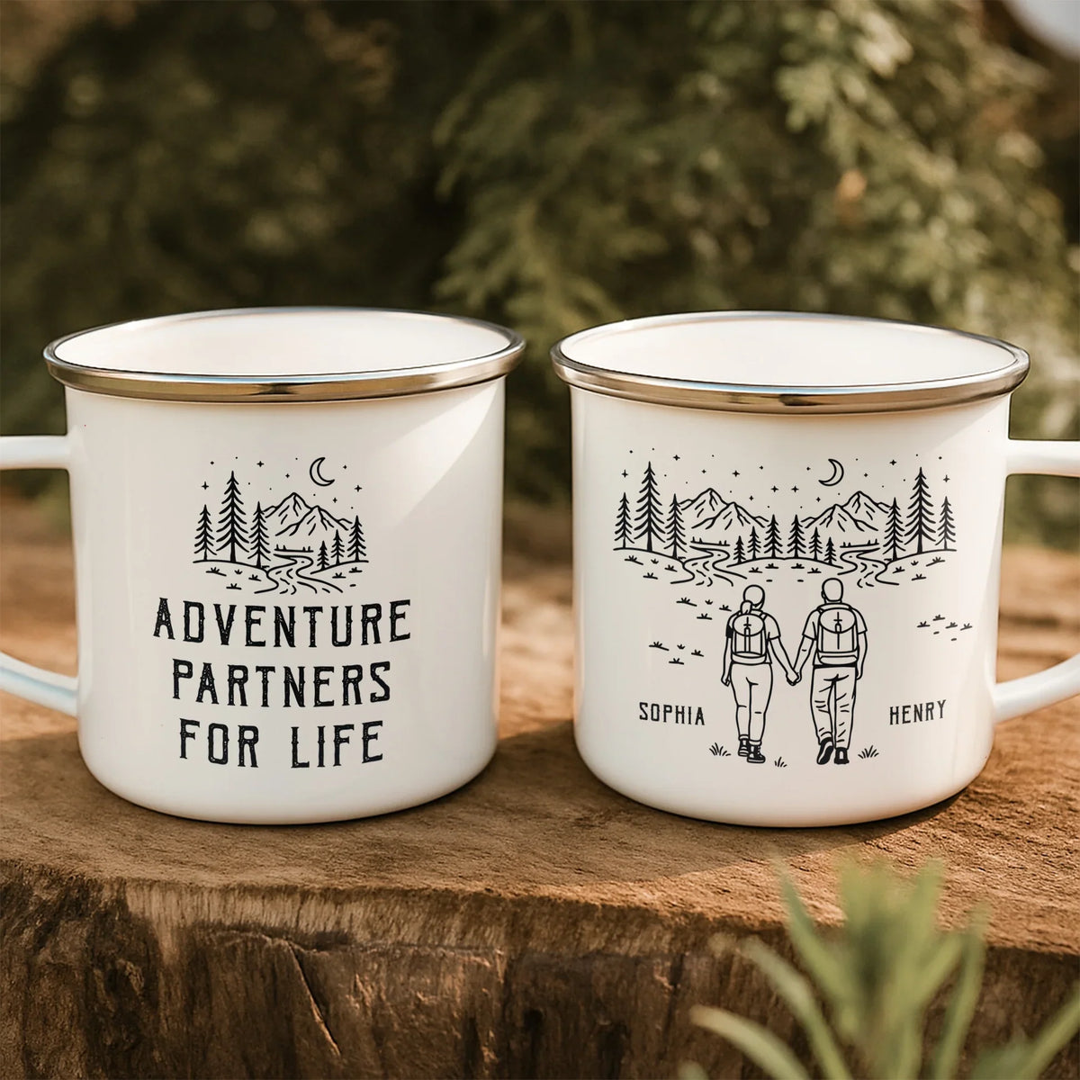 Personalized Enamel Mug Adventure Partners For Life Hiking Couple Gift, Minimal Mountain Line Art