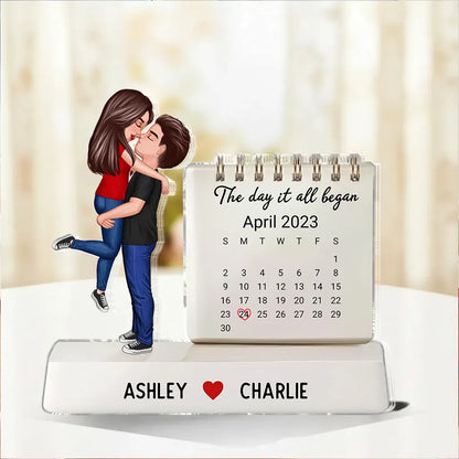 Personalized Shaped Acrylic Block Plaque Couple Hugging Kissing Calendar Keepsake, The Day It All Began, Unique Gift for Him or Her