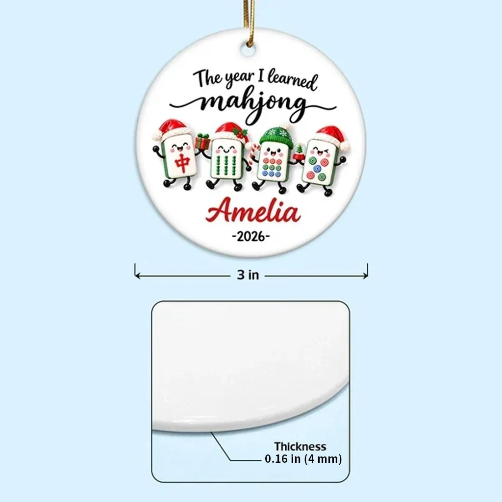 Personalized Ceramic Ornament, Bright Cartoon Mahjong Tiles Waving by a Christmas Tree, Unique Gift for Players