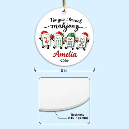 Personalized Ceramic Ornament, Bright Cartoon Mahjong Tiles Waving by a Christmas Tree, Unique Gift for Players