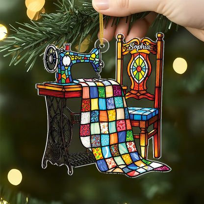 Personalized Acrylic Ornament with Colorful Sewing Machine and Quilt, Unique Gift for Sewing Lovers