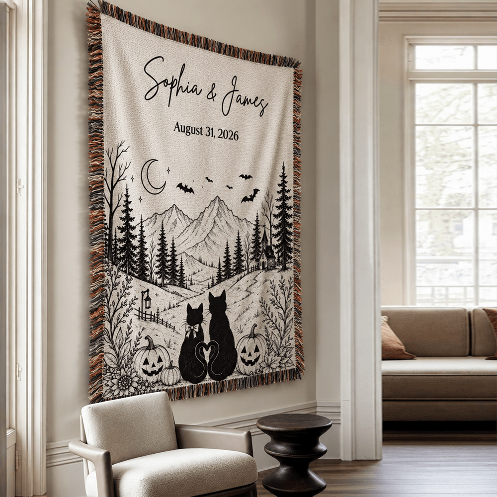Custom Vintage Halloween Woven Blanket with Black Cat Couple & Moonlit Mountain Scene, Personalized Anniversary Gift
