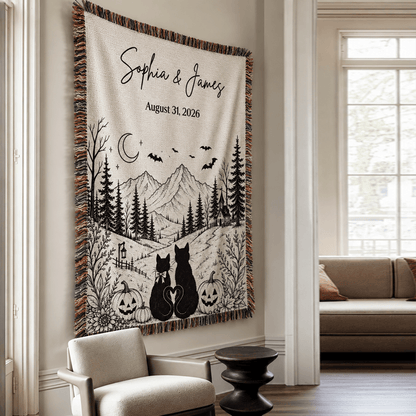 Custom Vintage Halloween Woven Blanket with Black Cat Couple & Moonlit Mountain Scene, Personalized Anniversary Gift