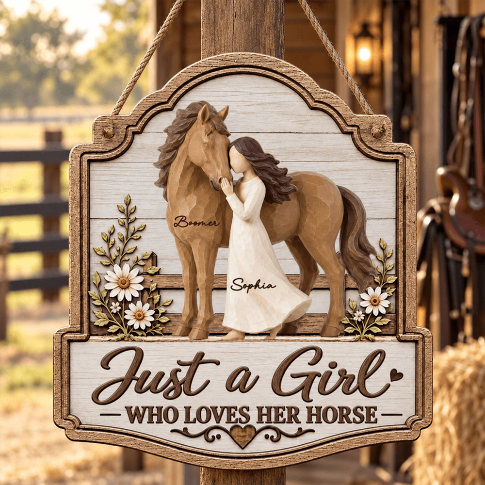 Warm Neutral Wooden Sign with Girl Nuzzling Horse, Personalized Keepsake, Creative Gift for Horse Lover