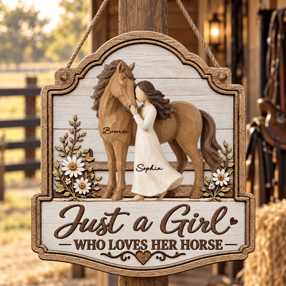Warm Neutral Wooden Sign with Girl Nuzzling Horse, Personalized Keepsake, Creative Gift for Horse Lover