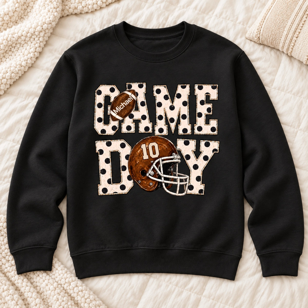 Personalized Game Day Shirt, Sweatshirt, Classic Tee or Hoodie, Custom Name & Number Football Polka Dot Design