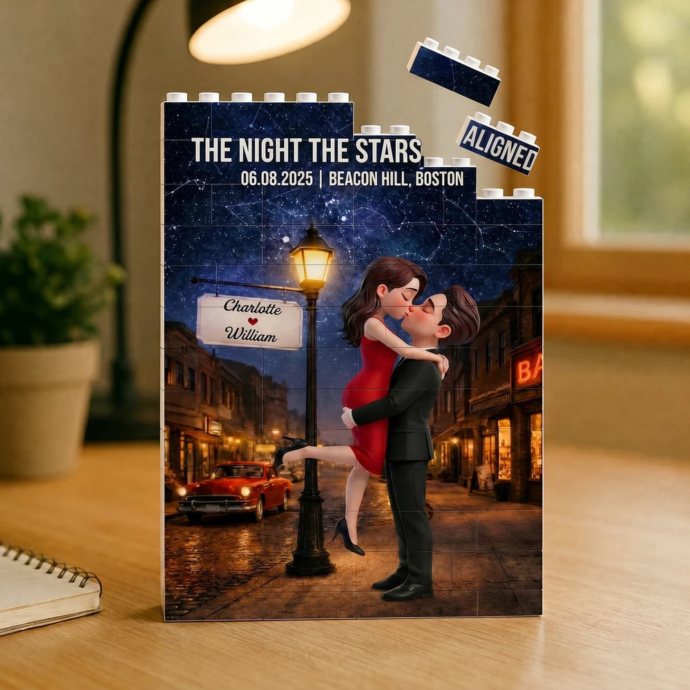 Personalized Building Brick Puzzle With Kissing Couple, Starry Night Unique Creative Gift for Couple