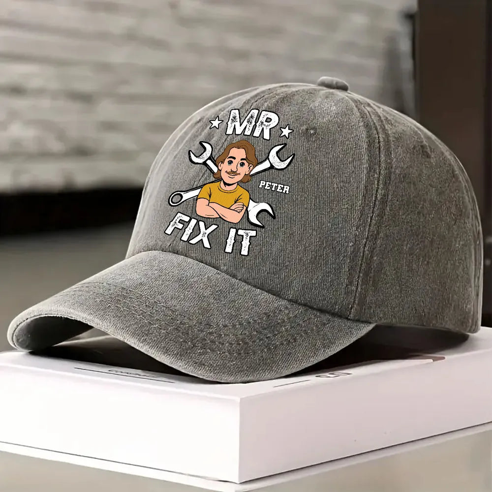 Washed Denim Baseball Cap Personalized for the One Who Can Fix It, Relaxed Vintage Style for Outdoor Wear, Thoughtful Gift