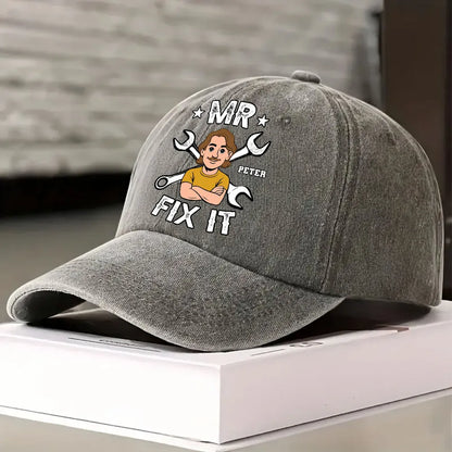 Washed Denim Baseball Cap Personalized for the One Who Can Fix It, Relaxed Vintage Style for Outdoor Wear, Thoughtful Gift