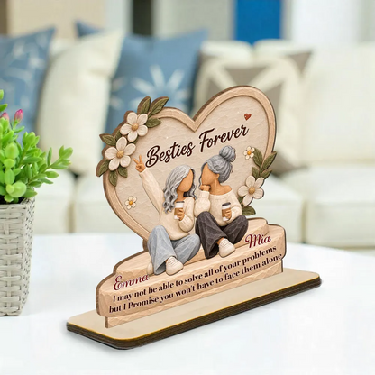Personalized Wooden Plaque, Besties Forever, Seated Friends Holding Coffee, Unique Gift