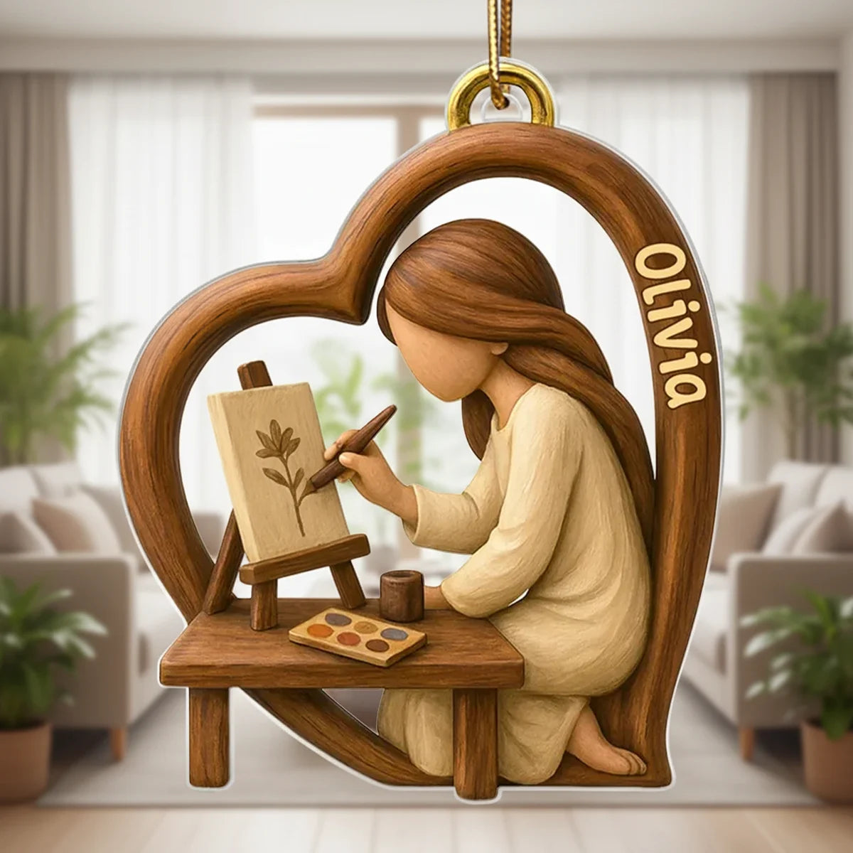 Personalized Acrylic Ornament, Warm Wood Tone Artist Painting in Heart, Unique Creative Gift for Artists