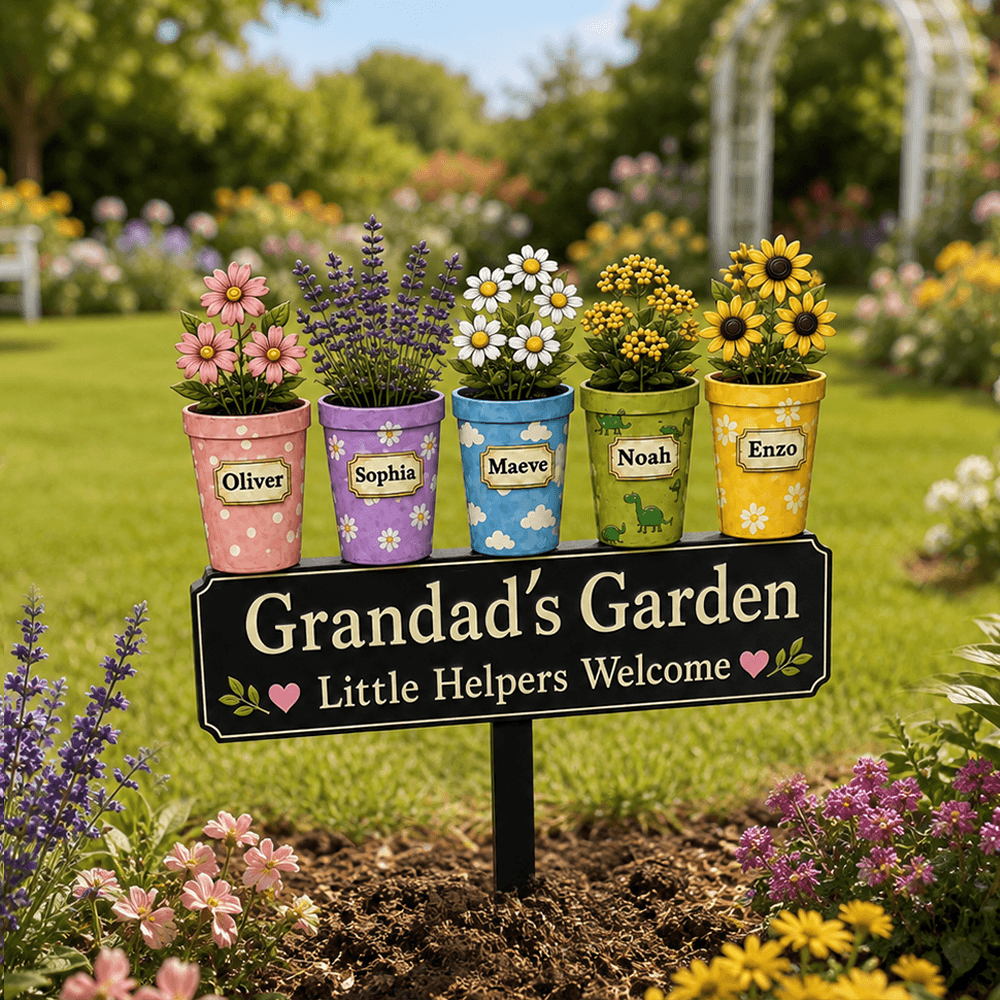 Personalized Grandma & Grandad Garden Stake with Custom Flower Pots & Names, Grandparents Gift