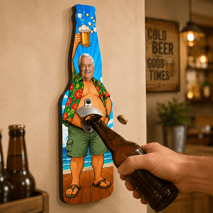 Custom Photo Wooden Wall-Mounted Bottle Opener, Funny Personalized Beer Lover Gift for Dad, Husband or Grandpa