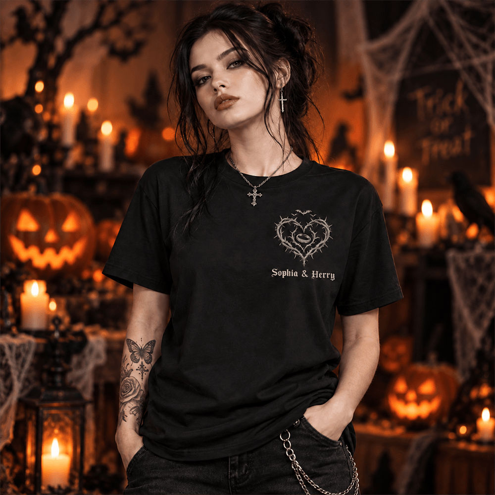 Personalized Gothic Skeleton Couple Dual Print T-Shirt, Custom Names & Date, Unique Wedding or Anniversary Gift