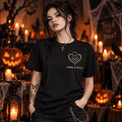 Personalized Gothic Skeleton Couple Dual Print T-Shirt, Custom Names & Date, Unique Wedding or Anniversary Gift