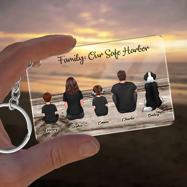 (template)Beach Landscape Family Sitting Back View Keychain or Poster - Ideal Gift for Loved Ones