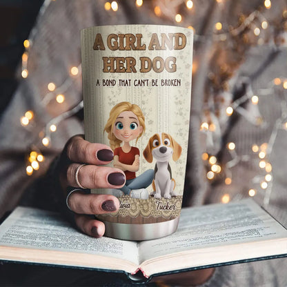 Insulated Travel Tumbler Personalized as a One-of-a-Kind Gift, Cute Girl Sitting with Her Dog, Warm Vintage Style for Daily Coffee