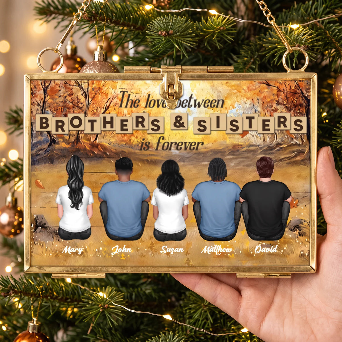Hanging Photo Frame Ornament, Personalized Seated Siblings Forever Keepsake, Creative Gift for a Brother or Sister
