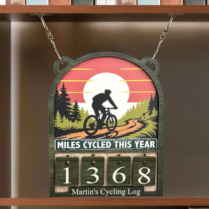 Personalized Wooden Hanging Tracker for Cyclists, Miles Cycled This Year Sign, Unique Gift for Bike Lovers
