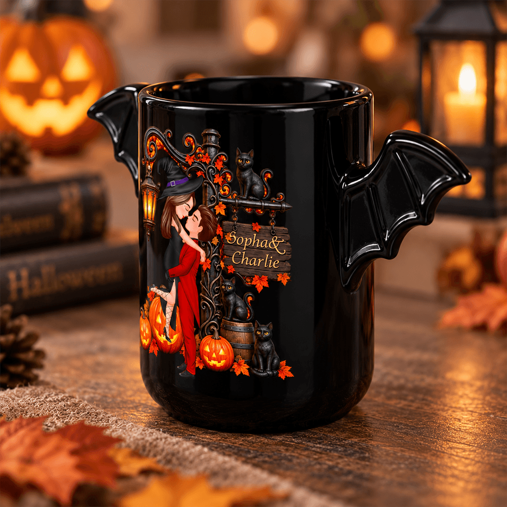 Personalized Halloween Couple Gift – Custom Name Bat Wing Ceramic Mug or Two-Layer Wooden Plaque