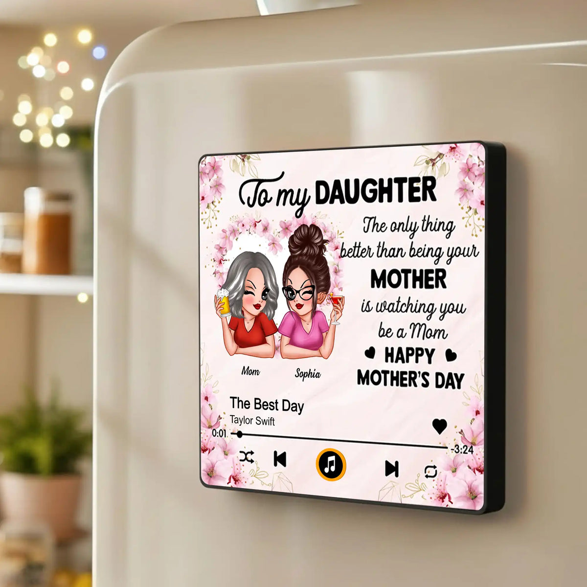 Acrylic Music Magnet For Mom and Daughter, Sweet Mother's Day Message with Floral Notes, Personalized Unique Gift Fridge Decor