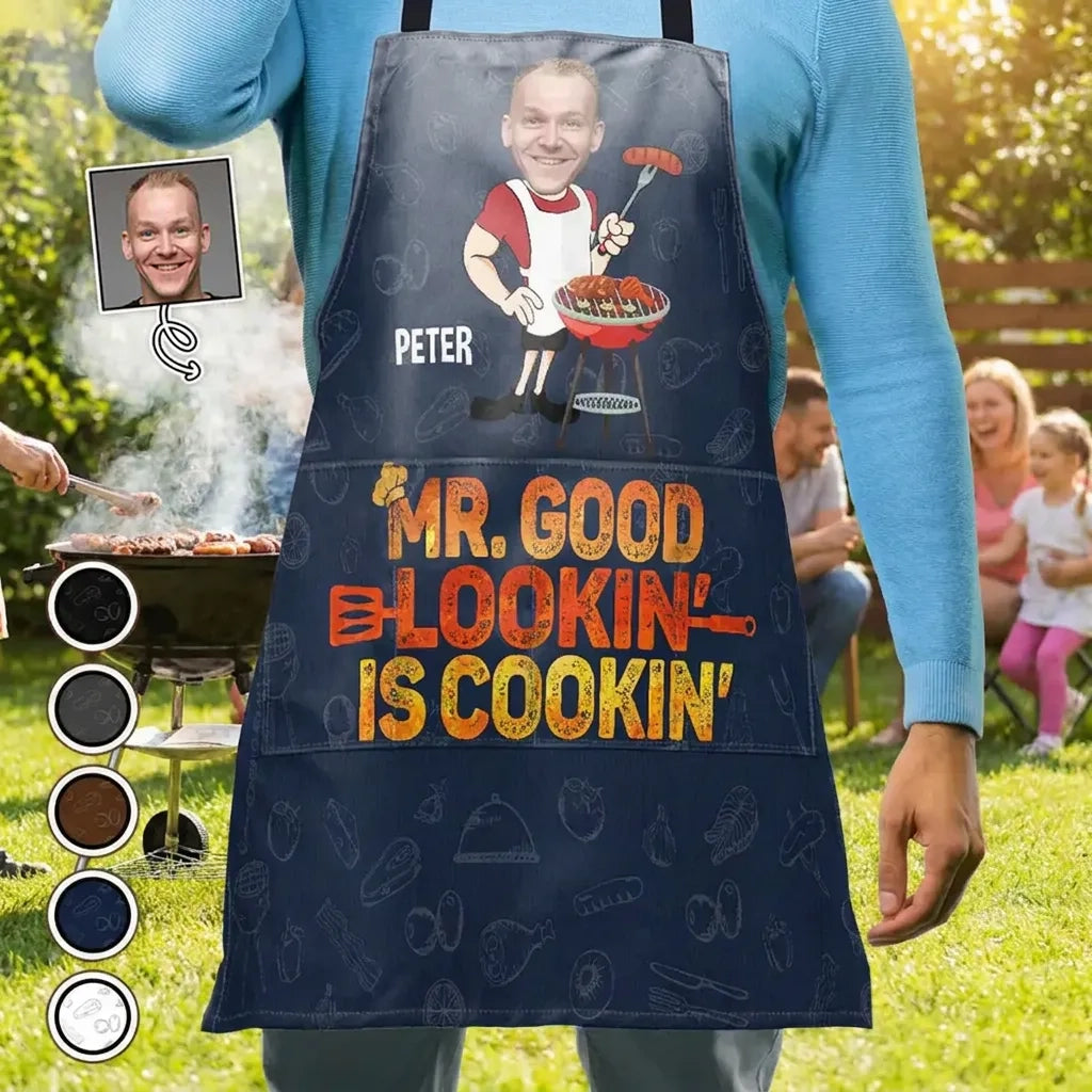 Personalized Photo Waterproof 4-Pocket Apron, Mr. Good Lookin' Is Cookin' Unique Grill Gift for Dad