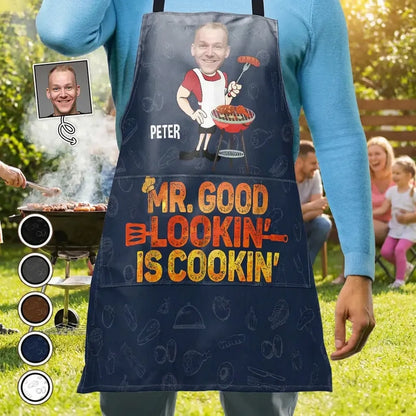 Personalized Photo Waterproof 4-Pocket Apron, Mr. Good Lookin' Is Cookin' Unique Grill Gift for Dad