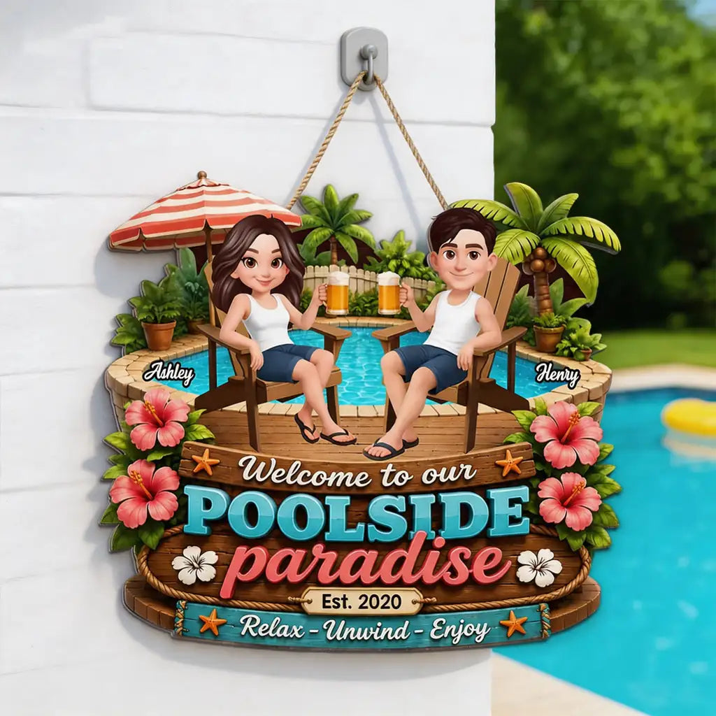 Personalized Wooden Sign, Poolside Paradise Seated Couple Art, Unique Gift for Summer Patio & Porch