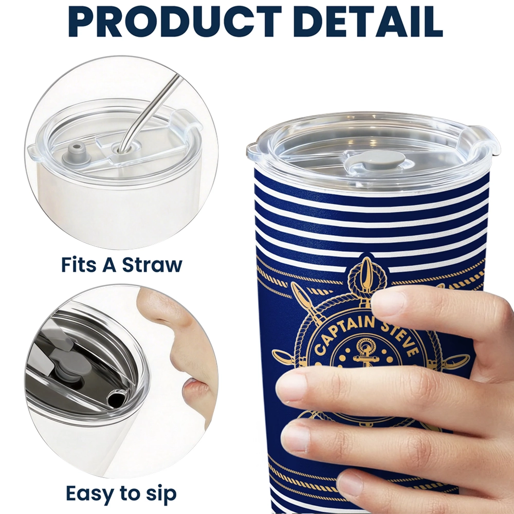 Insulated Travel Tumbler with Custom Captain Name, Navy Stripes Anchor Wheel, Thoughtful Gift for Boat Lovers