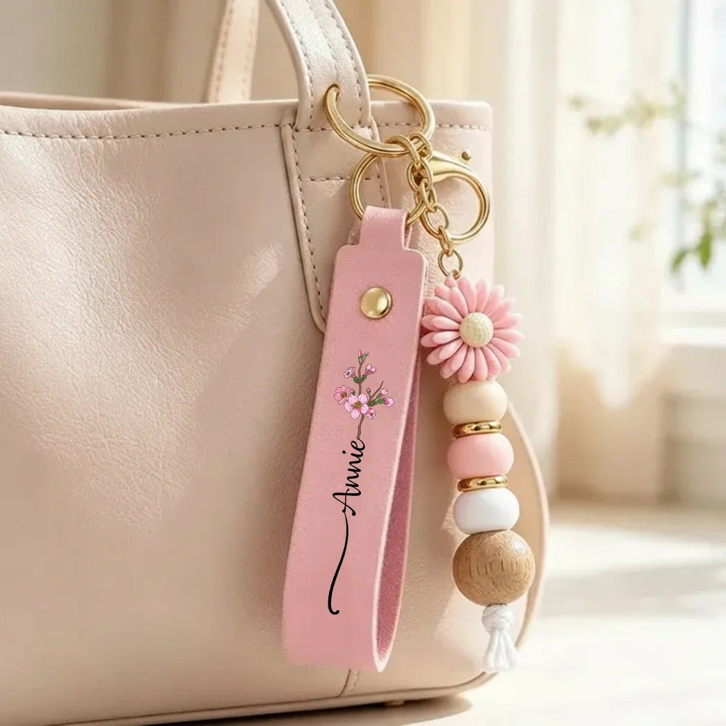 Personalized Birth Flower Wristlet Keychain with Custom Name, Unique Birthday Gift for Her