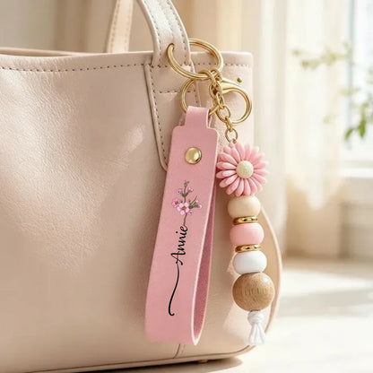 Personalized Birth Flower Wristlet Keychain with Custom Name, Unique Birthday Gift for Her