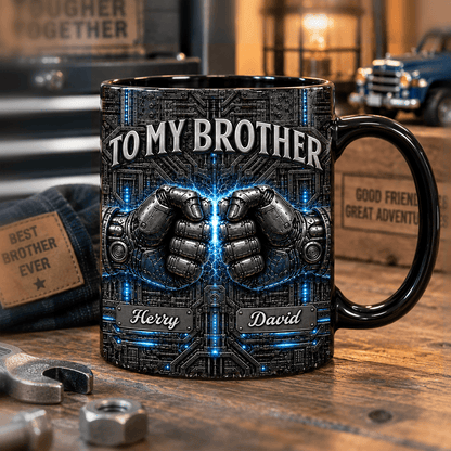 Personalized To My Brother Full Color Mug, Electric Blue Cyberpunk Fist Design, Custom Names Gift for Brother