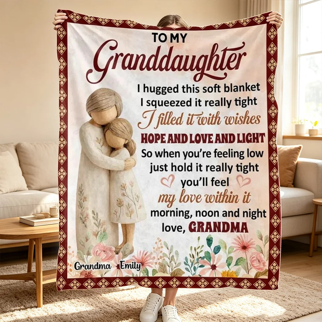 Personalized Fleece Blanket, Hugging Grandma and Granddaughter Floral Design, Unique Gift for Granddaughter
