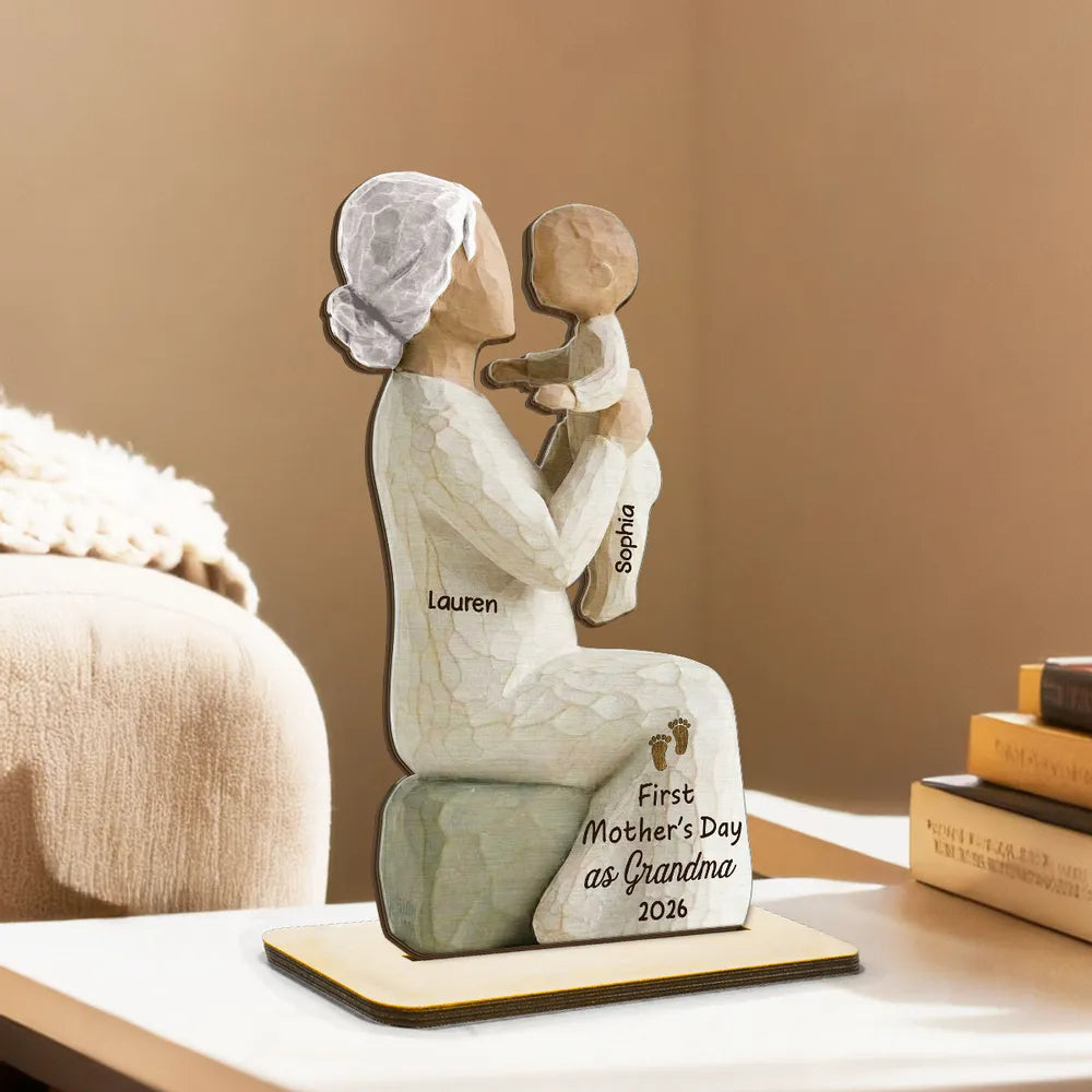 2-Layer Wooden Plaque Custom Grandma and Baby Figurine, Sweet Family Keepsake Decor, Heartfelt Gift for Grandma