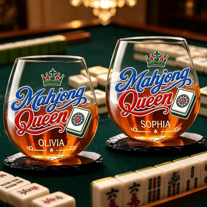 Personalized Mahjong Wine Glass, Crown and Tile Game Night Design, Creative Gift for a Friend