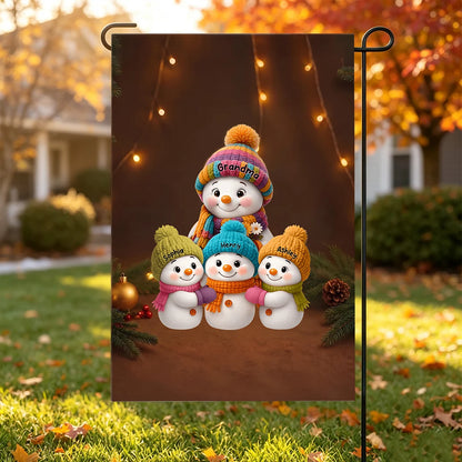 Personalized Garden Flag, Colorful Grandma Snowman Family Gathered in Snow, Unique Christmas Gift for Grandma