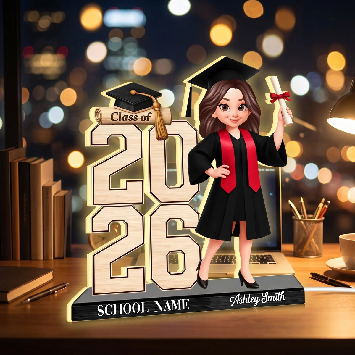 Personalized Graduation Girl Wooden Ornament, Standing Graduate With Diploma, Unique Gift for Daughter