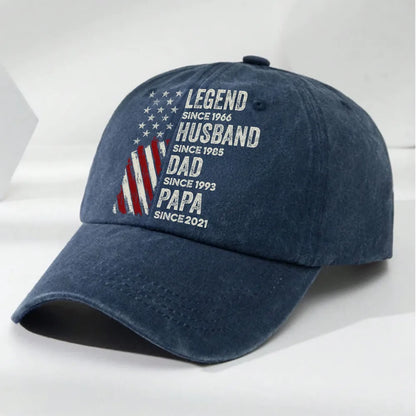 Washed Denim Baseball Cap with Legend Husband Dad Papa Style Graphic, Personalized Unique Gift for Dad with a Vintage Vibe