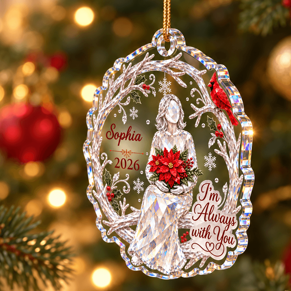 Personalized Memorial Acrylic Ornament with Custom Name and Year, Crystal-Style Angel and Red Cardinal, Sympathy Gift for Family