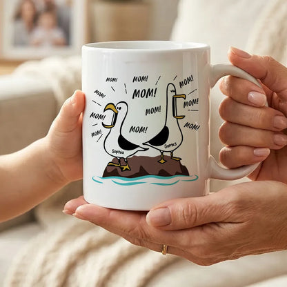 Mom Mom Mom Seagull Cartoon Ceramic Mug, Personalized Name Funny Daily Coffee and Tea Mug, Unique Gift for Mom
