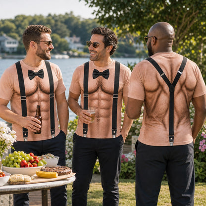 Personalized Funny Muscle T-Shirt for Men, Bow Tie & Suspenders Illusion Tee, Hilarious Birthday or Party Gift for Him