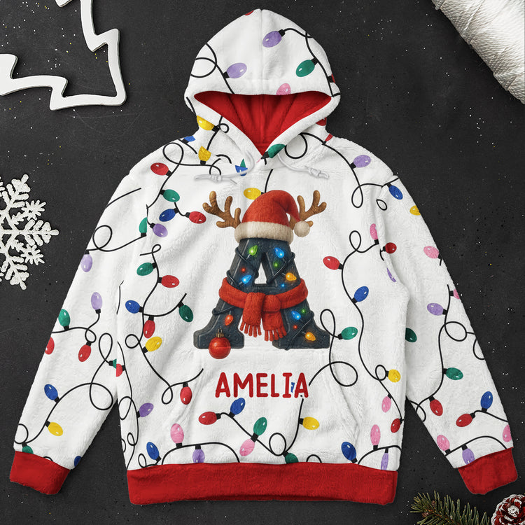 Personalized Family Initial Printed Hoodie, Colorful Lights and Reindeer Accents, Creative Gift for Family Memories