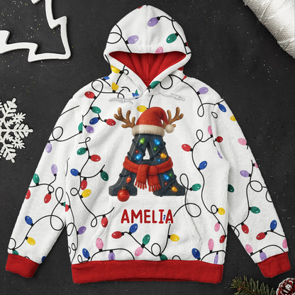 Personalized Family Initial Printed Hoodie, Colorful Lights and Reindeer Accents, Creative Gift for Family Memories