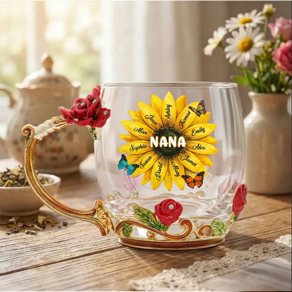 Personalized Enamel Flower Tea Cup with Sunflower Nana Design for Grandma - Unique Custom Gift for Her